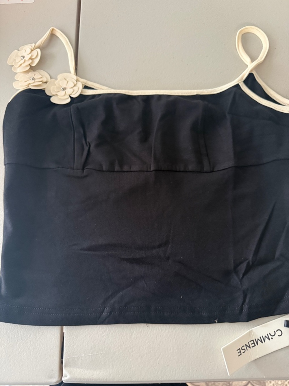 Commense Black Cami with Cream Trim and Floral Accent - Picture 2 of 2